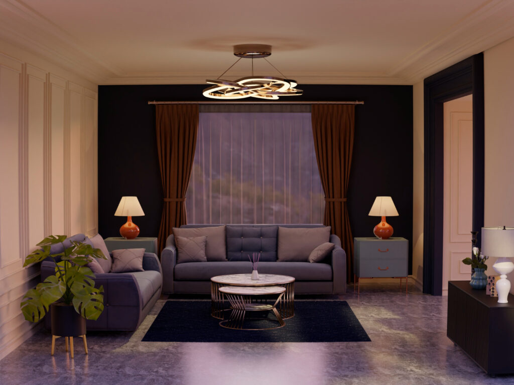 3d room interior with classic design and furniture