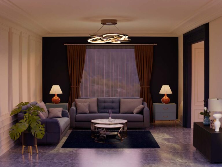 3d room interior with classic design and furniture